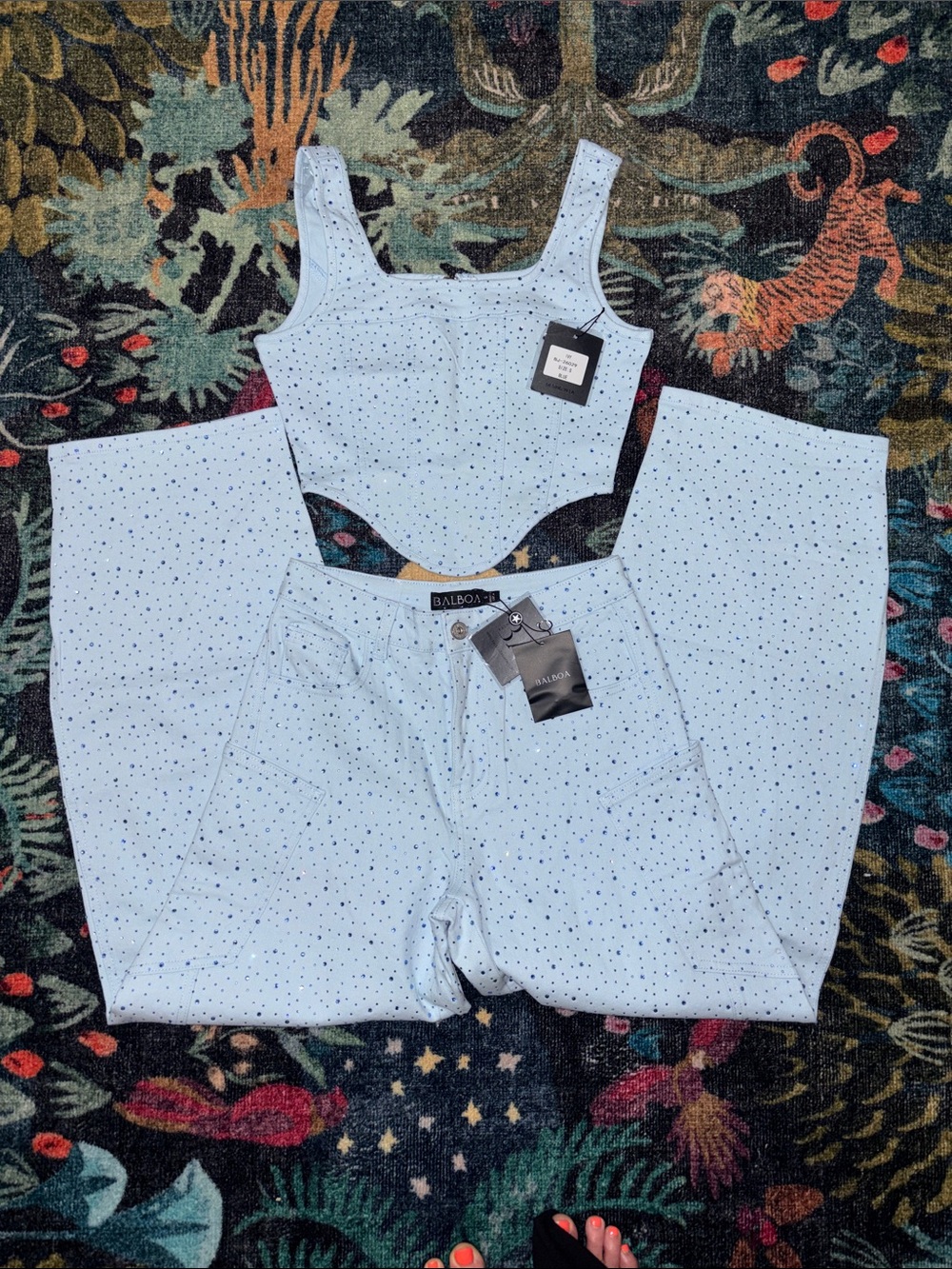 Light Blue SPARKLE 💎 Crop Top & Wide Barrel Leg Pants Set SIZE SMALL NWT